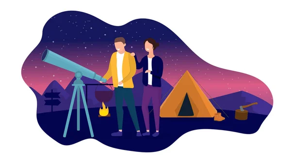 Par med teleskop när du campar på natten — Stock vektor