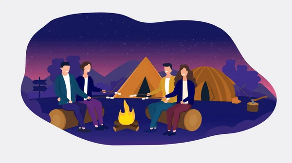 Pasangan marshmallow memasak saat berkemah Stok Ilustrasi Bebas Royalti