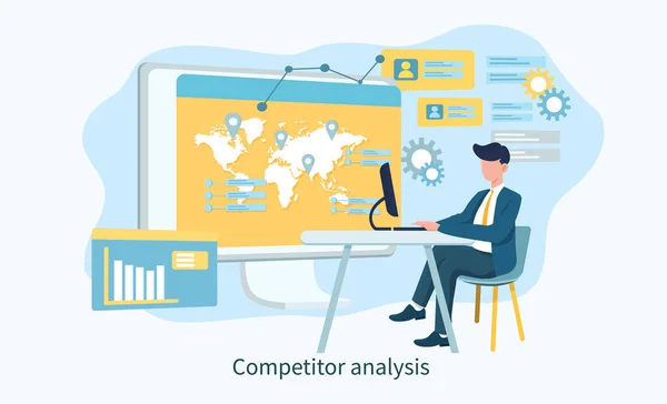 Concepto de análisis de la competencia con el hombre en el ordenador portátil — Vector de stock