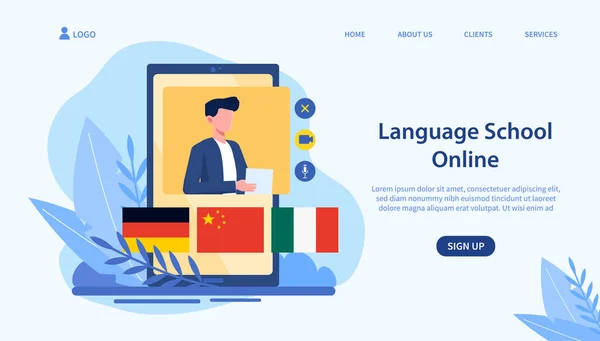 Concepto de escuela de idiomas en línea y landing page — Vector de stock