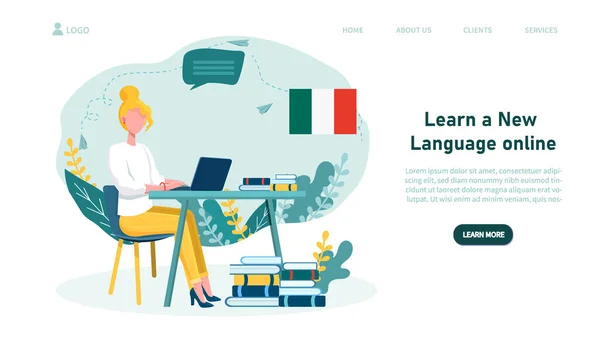 Concepto de escuela de idiomas en línea y mujer en laptop — Vector de stock