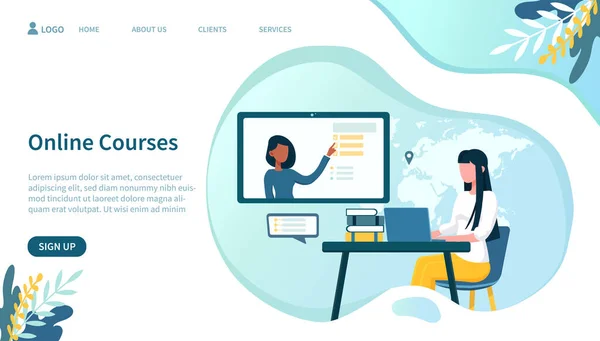 Online cursussen concept met vrouw op laptop — Stockvector