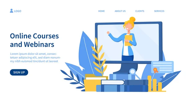 Online kurser koncept med lärare på skärmen — Stock vektor