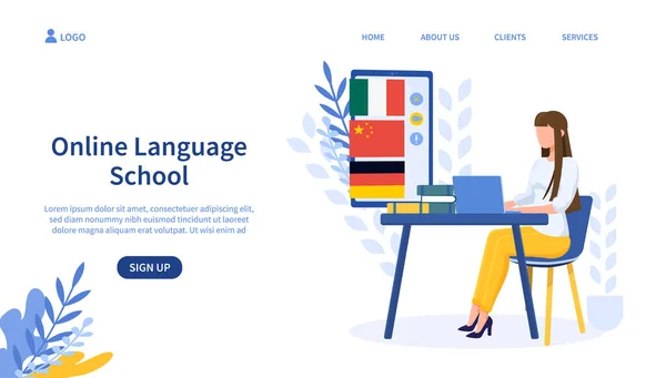 Online språkskola koncept och kvinna på bärbar dator — Stock vektor