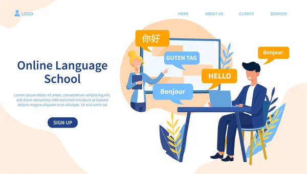 Concepto de escuela de idiomas en línea con el hombre en portátil — Vector de stock