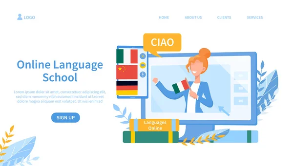 Online språkskola tema och lärare på skärmen — Stock vektor