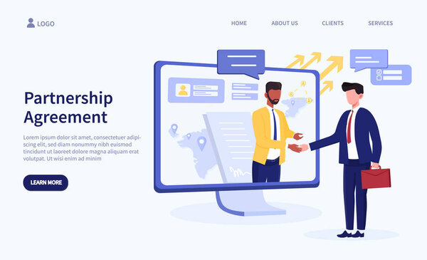 Partnership agreement theme and men shaking hands