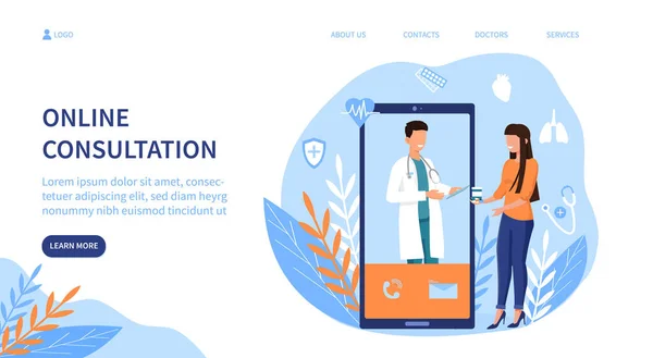 Online medicinsk konsultation med läkare på skärmen — Stock vektor
