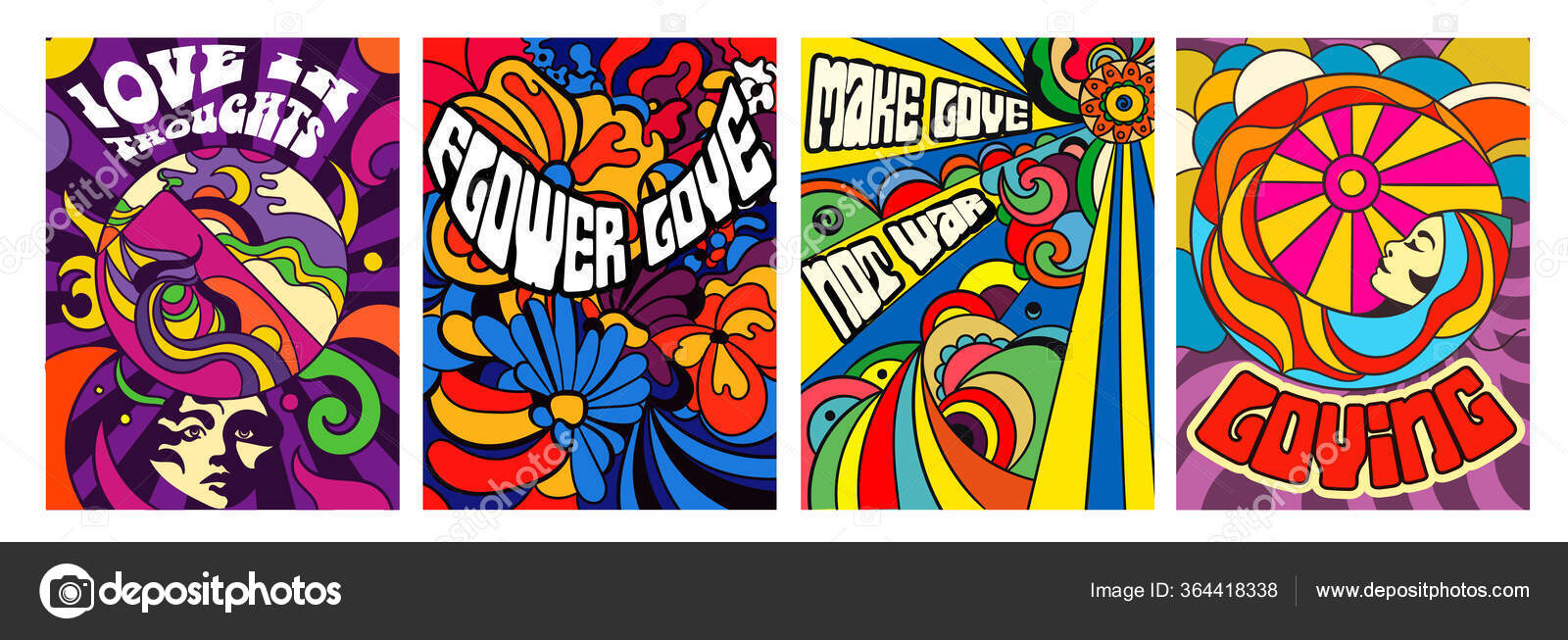 Conjunto de cuatro brillantes carteles de Amor psicodélico Vector de stock  #364418338 de ©mentalmind, image size:1600x653