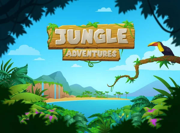 Luminoso poster colorato Jungle Adventures tropicale — Vettoriale Stock
