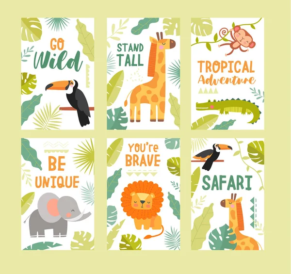 Színes trópusi vadon élő állatok szafari utazási plakátok — Stock Vector