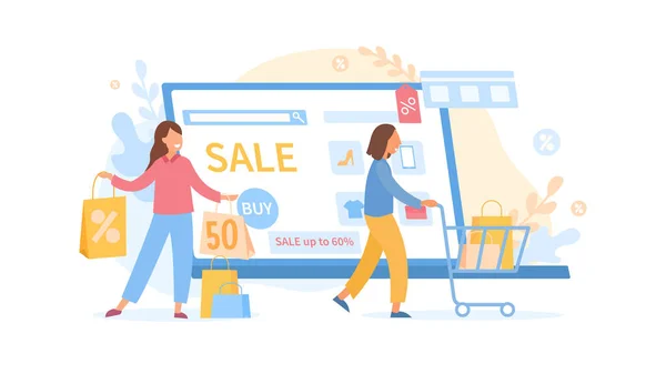 Online Sale and shopping concept with laptop — Stock Vector