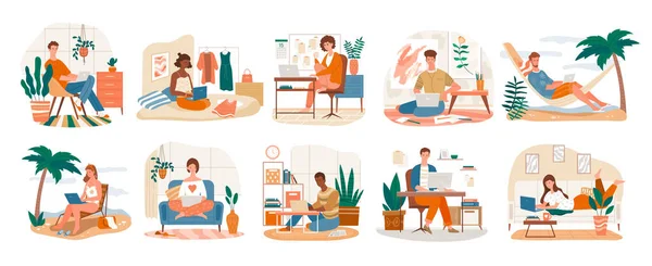 Set de caracteres freelance que muestra a las personas en el trabajo — Vector de stock