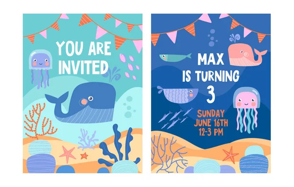 Tengeri vagy tengeri meghívás harmadik születésnapi partira — Stock Vector