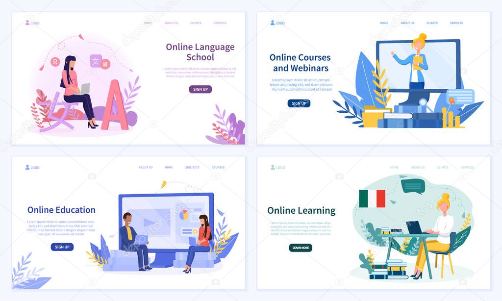 Online Education or e-learning concept with teachers and students using computers and laptops in four different scenes, colored vector illustration with copy space