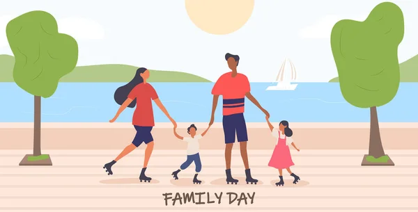Νεαρή οικογένεια με παιδιά που απολαμβάνουν την οικογενειακή ημέρα — Διανυσματικό Αρχείο