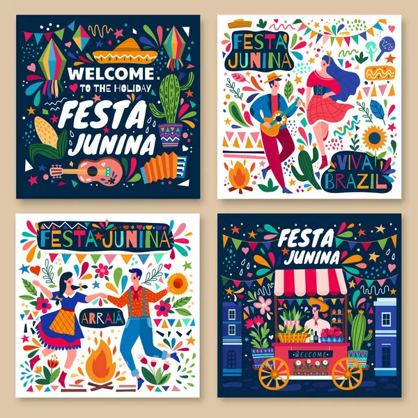 Conjunto de cuatro coloridos diseños de póster de Festa Junina — Vector de stock