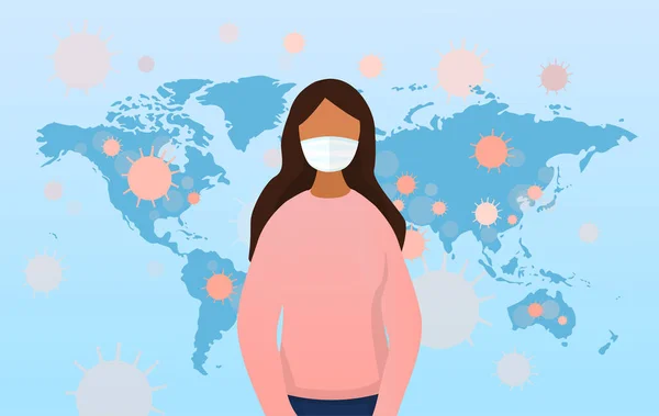 Concepto de Coronavirus con una chica usando una máscara — Vector de stock