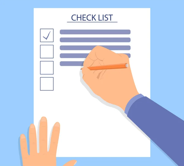 Checkliste zum Ausfüllen von Hand auf dem Schreibtisch — Stockvektor