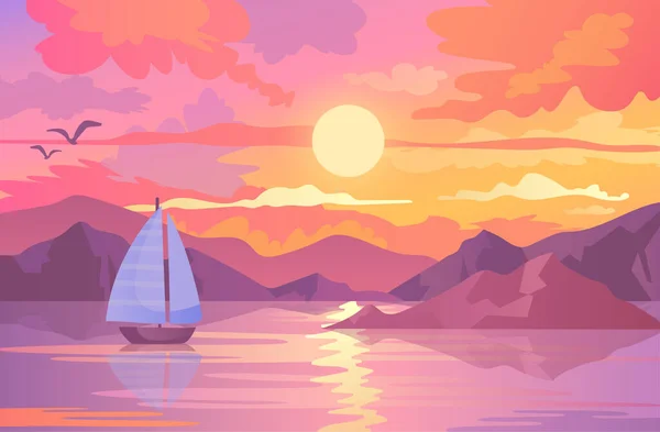 Scène de coucher de soleil coloré avec voilier et oiseaux — Image vectorielle