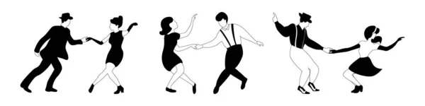 Três silhuetas de casais de dança swing — Vetor de Stock