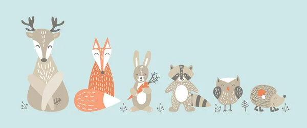 Ensemble d'animaux des bois mignons dans le style scandinave — Image vectorielle