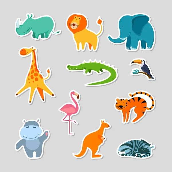 Conjunto de pegatinas con animales exóticos de dibujos animados lindo — Vector de stock