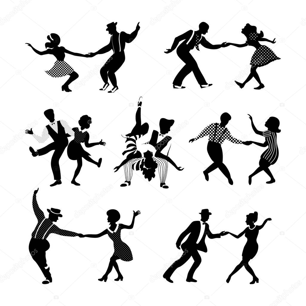 Rock n roll and jazz dancing couples set