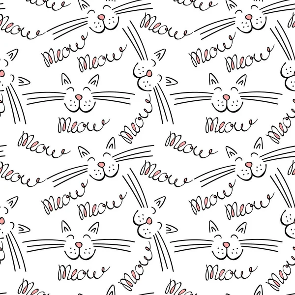 Motif sans couture avec lettrage miaulement et visage de chat — Image vectorielle