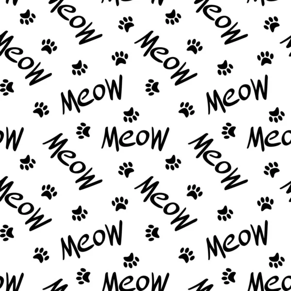 Seamless pattern with meow lettering and paws — Stock Vector