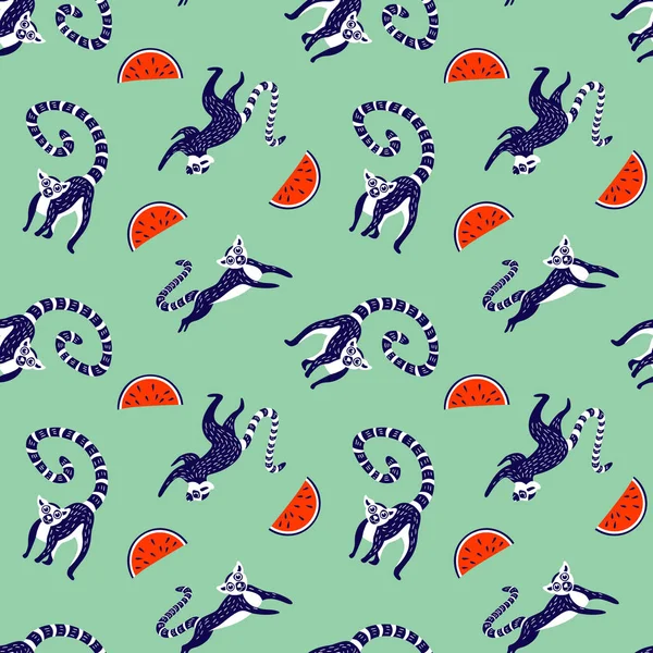 Seamless pattern with cute lemurs and watermelon — 스톡 벡터
