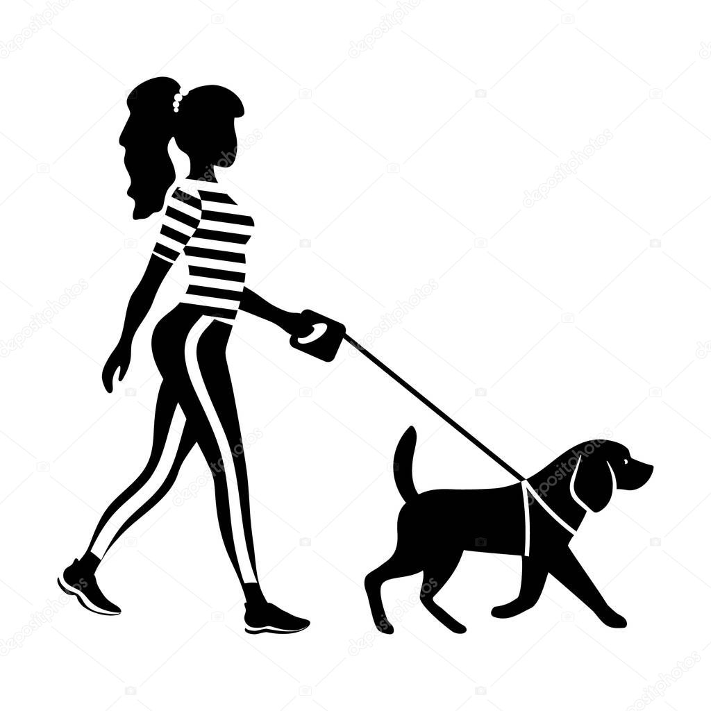 Woman walking with a dog silhouette