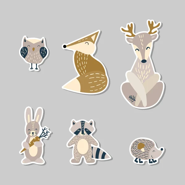 Conjunto de adesivos com animais bonitos da floresta dos desenhos animados — Vetor de Stock