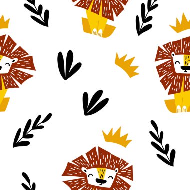Seamless pattern with cute cartoon sitting lion
