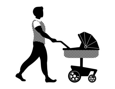 Young father walking with his baby in stroller