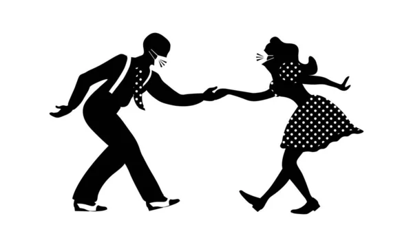 Hombre y mujer bailando lindy hop con máscaras médicas — Vector de stock