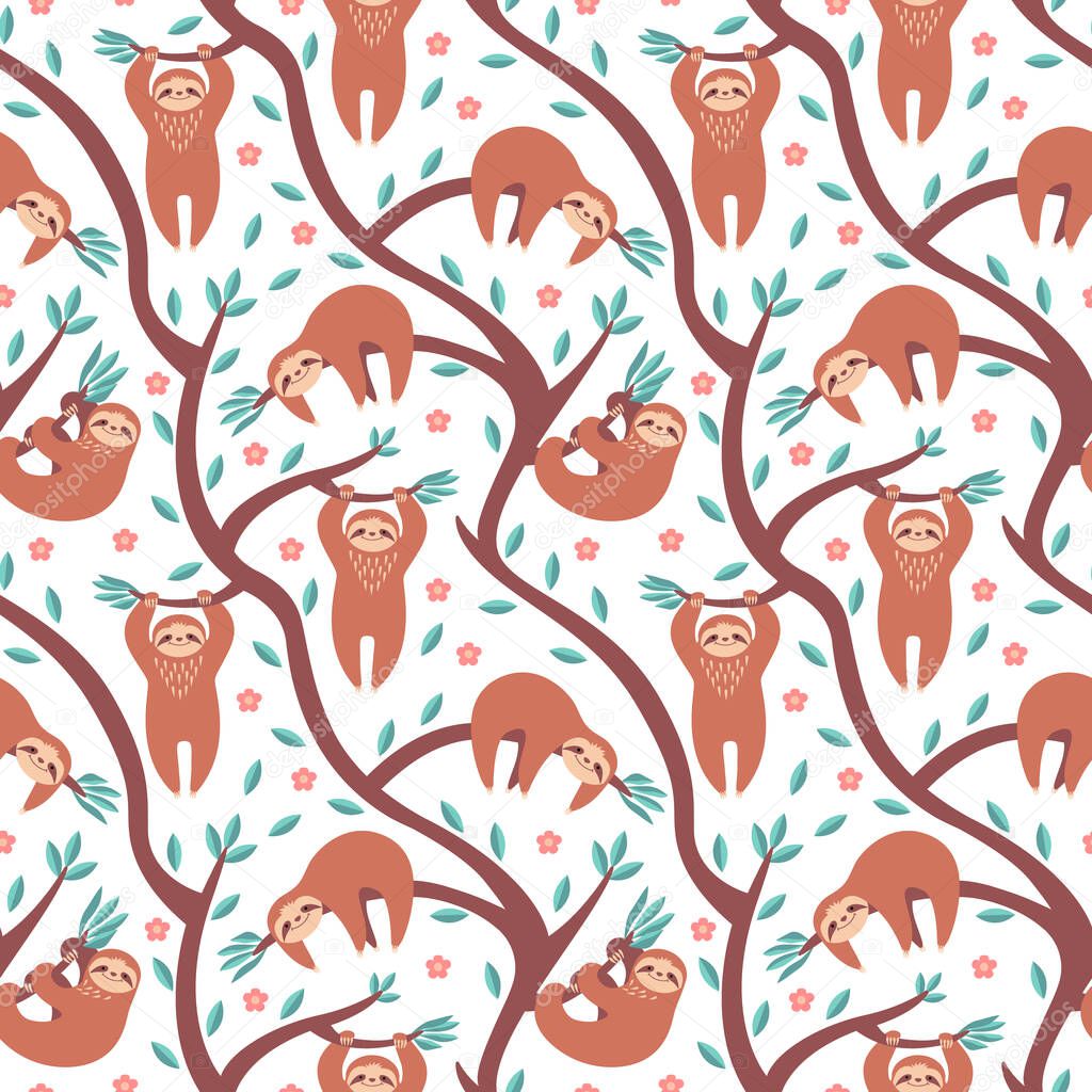 Seamless pattern with sloths hanging on branches