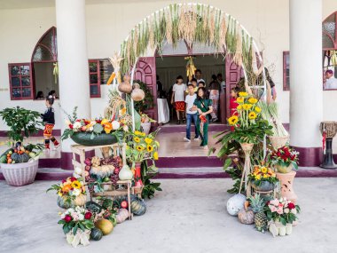 Şükran Günü için birçok sebze, meyve ve çiçek süslenmiştir.