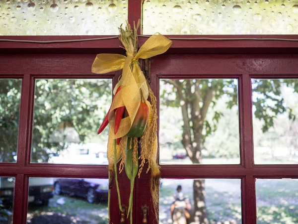 Многие овощи, фрукты и цветы украшены на окне на День Благодарения — стоковое фото