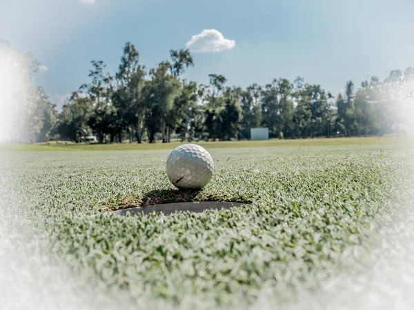 Foto de pelota de golf blanca sobre hierba con fondo de cielo azul —  Fotos de Stock