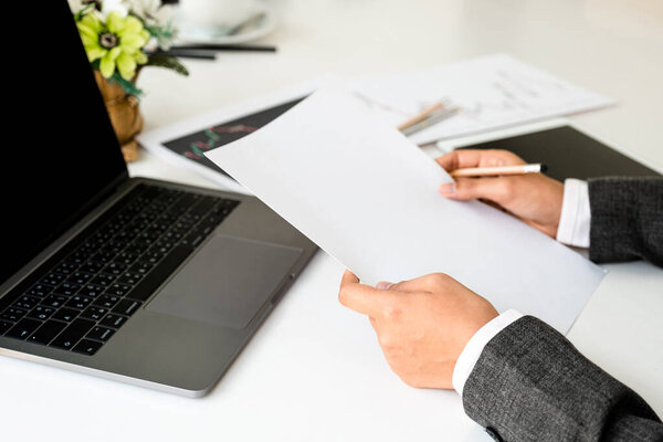 Business woman use laptop set targets for new management success.