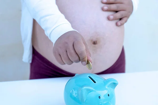 Těhotné Ženy Prasata Bankovní Spoření Pojištění Pro Dítě Děloze — Stock fotografie