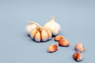 Sarımsak resmi gri arkaplanda izole edilmiş.