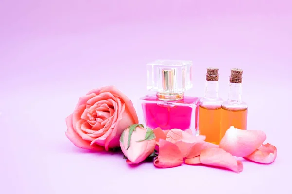 Olejek Eteryczny Kwiat Róży Perfumy Różane Białym Tle Aromaterapia Spa — Zdjęcie stockowe