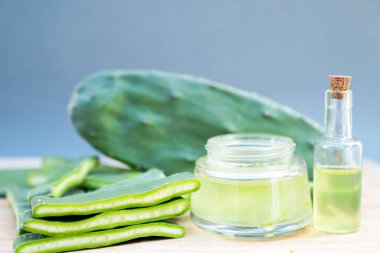Kaktüs yaprakları, jel ve kaktüs yaprakları ahşap arka planda izole bir şekilde kayar..