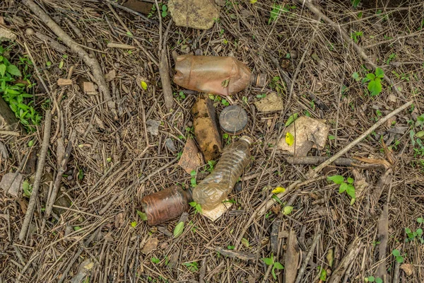 Plastik Şişeler Stiroköpük Bardaklar Tütün Konteynırları Ormanlık Alandaki Bir Yığının — Stok fotoğraf