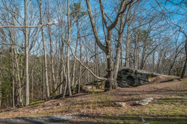 Dağlardaki patikalar boyunca kayalık kayalıklar, arka planda ağaçlık alanlar, kışın sonlarında güneşli bir günde