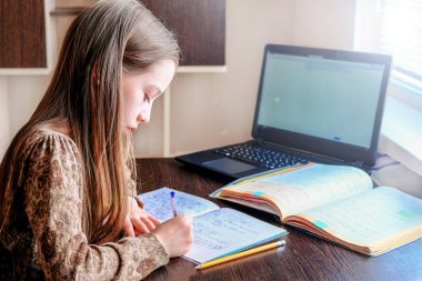 Evde ders çalışan bir kız öğrenci dizüstü bilgisayarla ders alıyor.