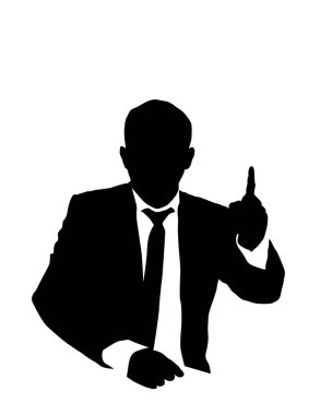 Takım elbiseli adam parmağını kaldırdı, işaret etti. Vektör silueti.