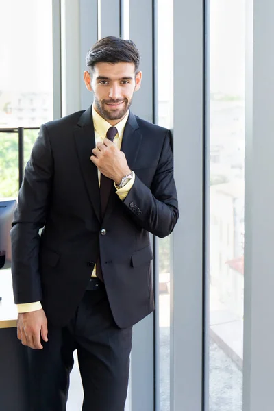 Hombre Negocios Con Traje Bien Vestido Encuentra Lado Pared Cristal — Foto de Stock